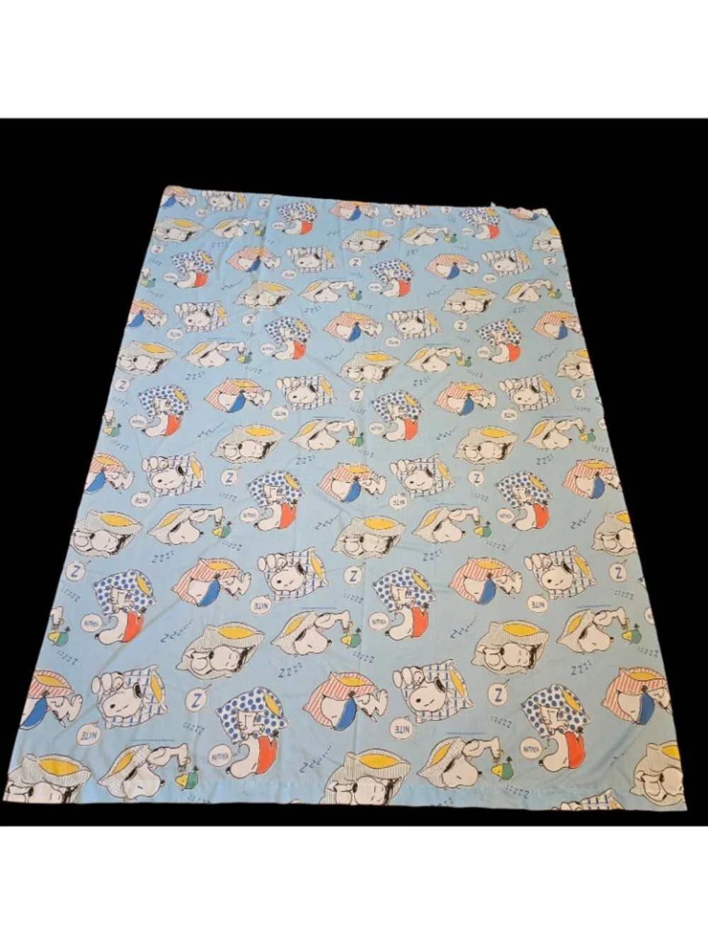 VTG Peanuts Snoopy Sleeping Expressions Full Flat Bed Sheet Blue Bibb Co Fabric